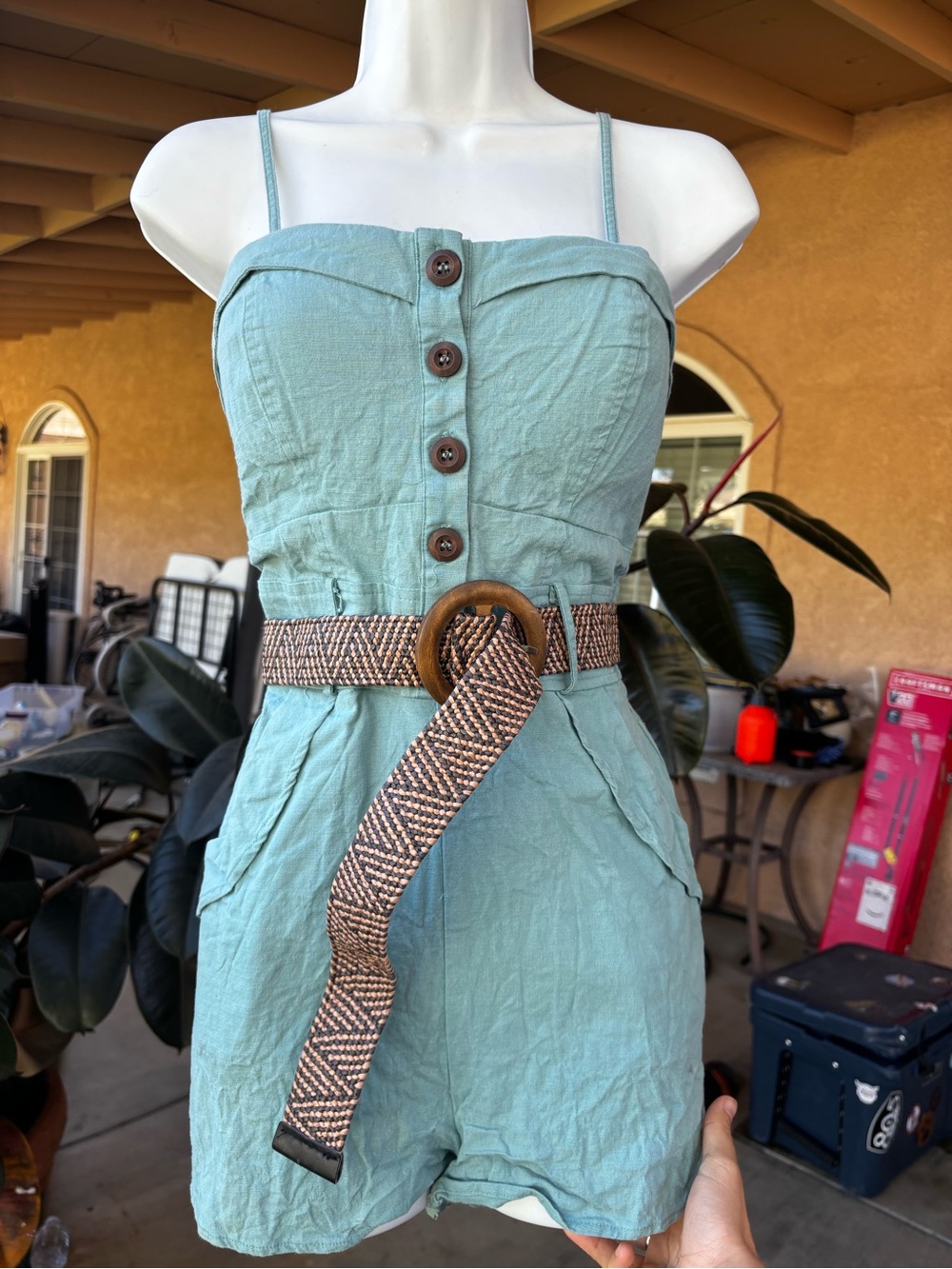 Chocolate Teal Smocked Waist Linen-Blend Top